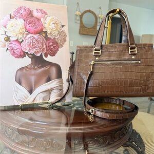 Marc Jacobs Brown Croc-Embossed Satchel with Gold Hardware
